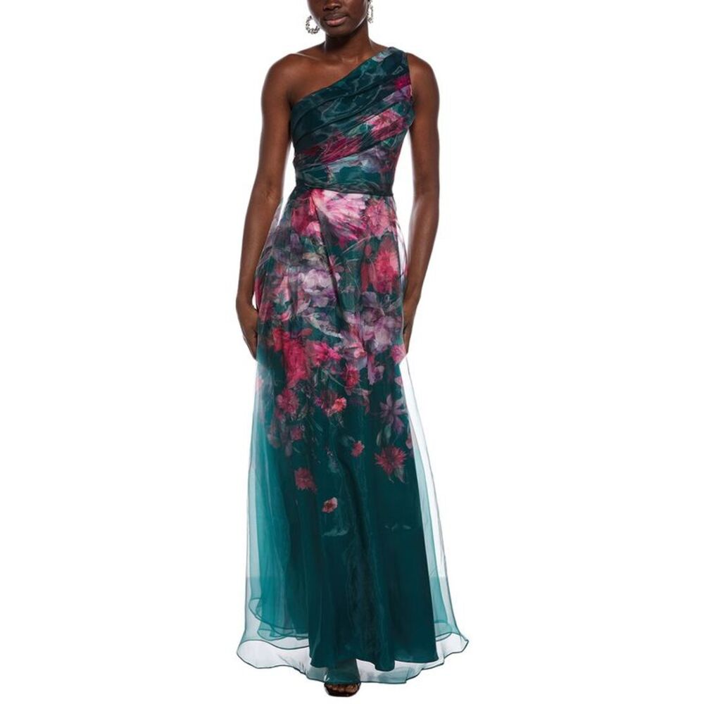 Rene Ruiz Womens  One-Shoulder Sheer Overlay Floral Gown, Pink